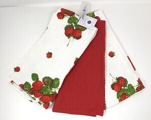 April Cornell Strawberries Kitchen Dish Tea Towels Set Of 3 Red White NWT